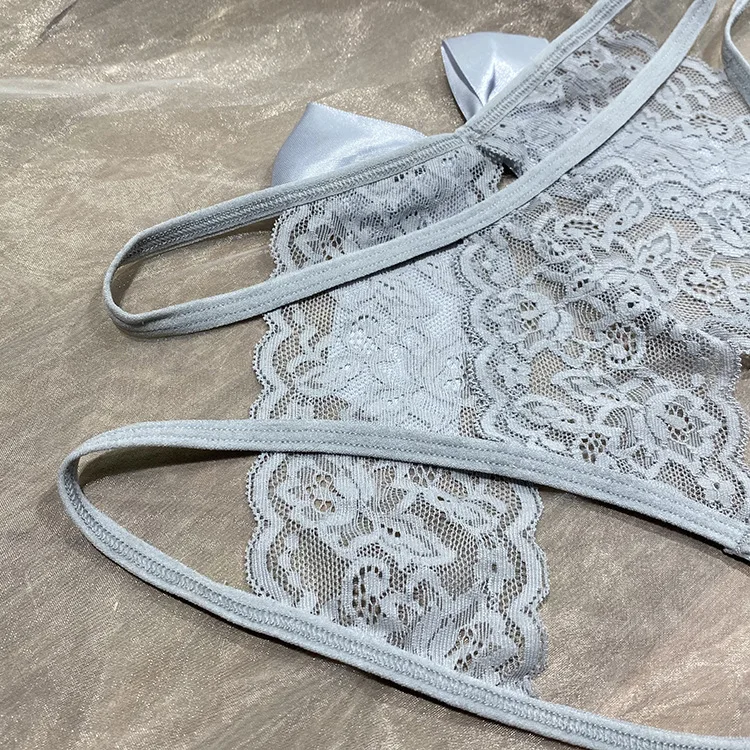 Hot Sale Women's Sexy Hollow Out Thong Lingerie Open Crotch Underwear Lady's Crotchless Lace Panties With Bow Plus Size M - XXL