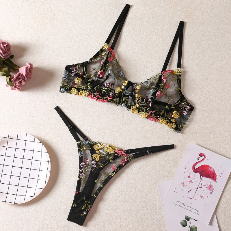 Women Bra and Briefs Sets Lace Flower Embroidery Sexy Perspective Underwire Erotic Lingerie Panty Two-Piece Underwear Set 2023 Women Bra and Briefs Sets Lace Flower Embroidery Sexy Perspective Underwire Erotic Lingerie Panty Two-Piece Underwear Set 2023