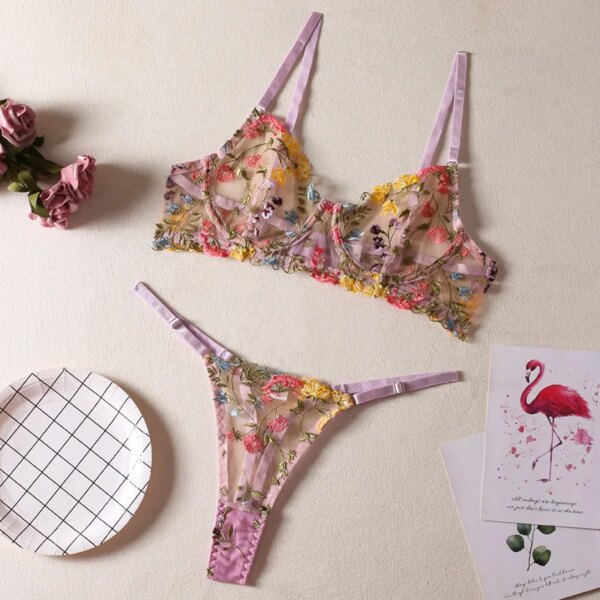 Women Bra and Briefs Sets Lace Flower Embroidery Sexy Perspective Underwire Erotic Lingerie Panty Two-Piece Underwear Set 2023