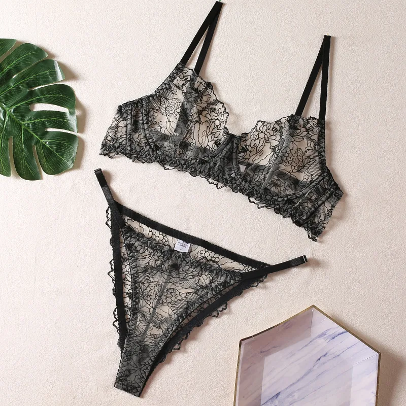 Women Bra and Briefs Sets Lace Flower Embroidery Sexy Perspective Underwire Erotic Lingerie Panty Two-Piece Underwear Set 2023 Women Bra and Briefs Sets Lace Flower Embroidery Sexy Perspective Underwire Erotic Lingerie Panty Two-Piece Underwear Set 2023