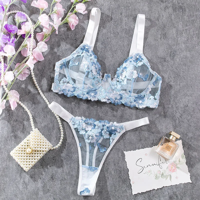 Women Bra and Briefs Sets Lace Flower Embroidery Sexy Perspective Underwire Erotic Lingerie Panty Two-Piece Underwear Set 2023 Women Bra and Briefs Sets Lace Flower Embroidery Sexy Perspective Underwire Erotic Lingerie Panty Two-Piece Underwear Set 2023