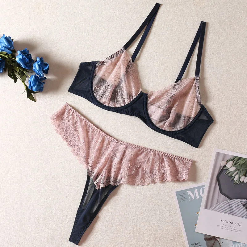 Women Bra and Briefs Sets Lace Flower Embroidery Sexy Perspective Underwire Erotic Lingerie Panty Two-Piece Underwear Set 2023 Women Bra and Briefs Sets Lace Flower Embroidery Sexy Perspective Underwire Erotic Lingerie Panty Two-Piece Underwear Set 2023