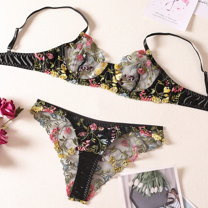Women Bra and Briefs Sets Lace Flower Embroidery Sexy Perspective Underwire Erotic Lingerie Panty Two-Piece Underwear Set 2023 Women Bra and Briefs Sets Lace Flower Embroidery Sexy Perspective Underwire Erotic Lingerie Panty Two-Piece Underwear Set 2023