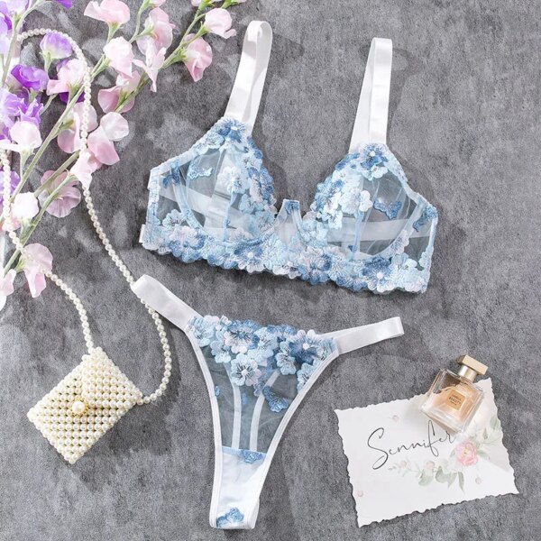 Women Bra and Briefs Sets Lace Flower Embroidery Sexy Perspective Underwire Erotic Lingerie Panty Two-Piece Underwear Set 2023