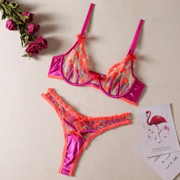 Women Bra and Briefs Sets Lace Flower Embroidery Sexy Perspective Underwire Erotic Lingerie Panty Two-Piece Underwear Set 2023