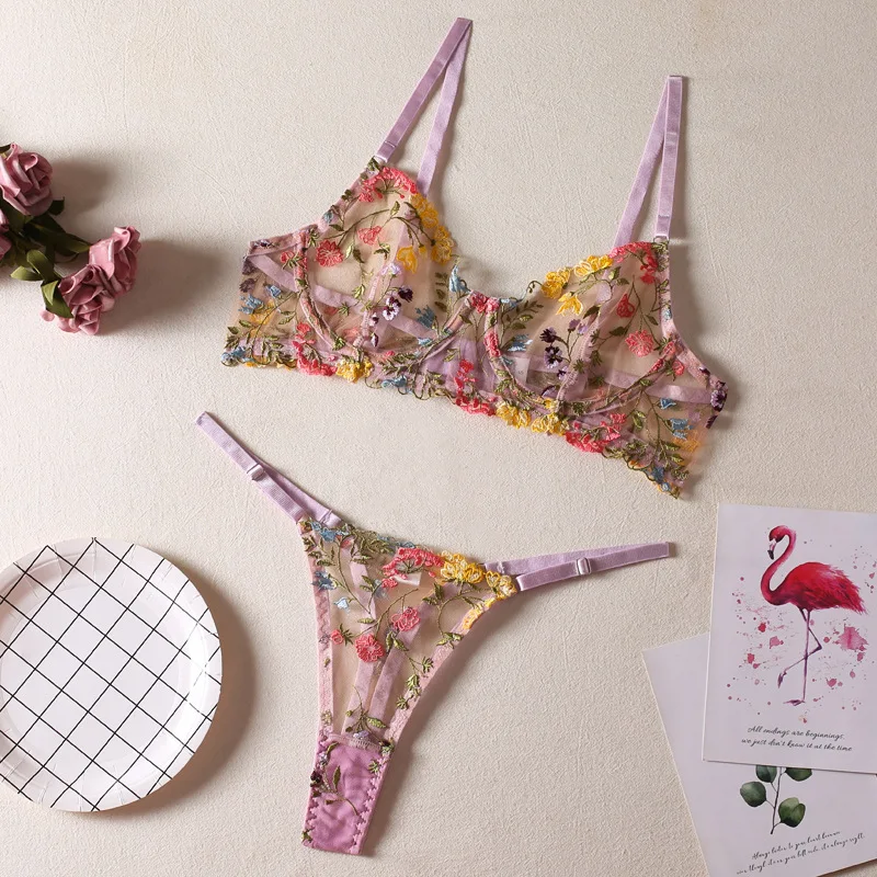 Women Bra and Briefs Sets Lace Flower Embroidery Sexy Perspective Underwire Erotic Lingerie Panty Two-Piece Underwear Set 2023 Women Bra and Briefs Sets Lace Flower Embroidery Sexy Perspective Underwire Erotic Lingerie Panty Two-Piece Underwear Set 2023