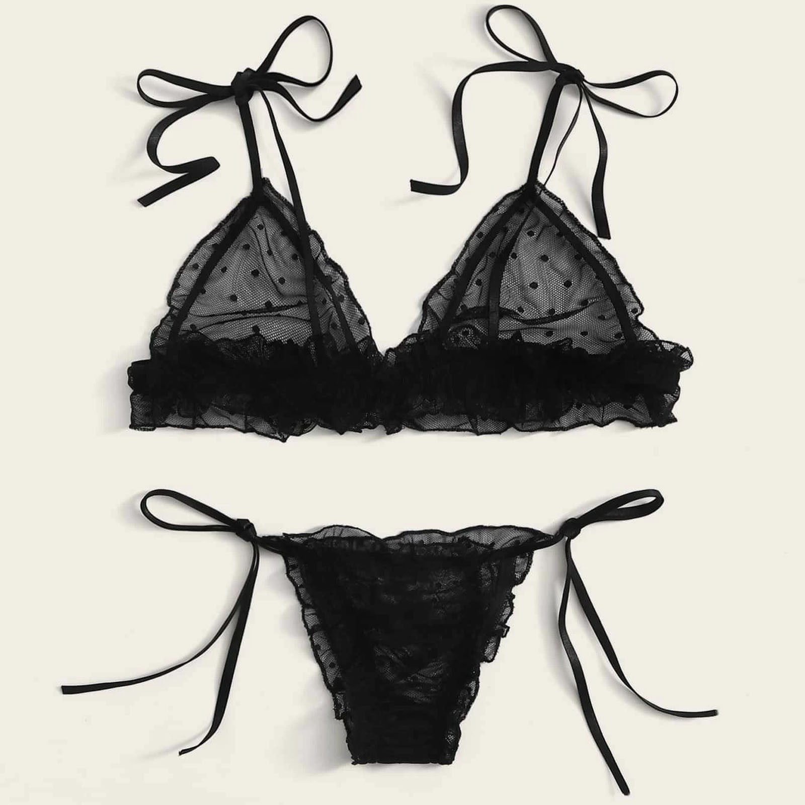 Sexy Lingerie For Women Plus Size Dot Mesh Lace Wireless Bra Bandage Lingerie Thong Set Women's lingerie нижнее бельё женское