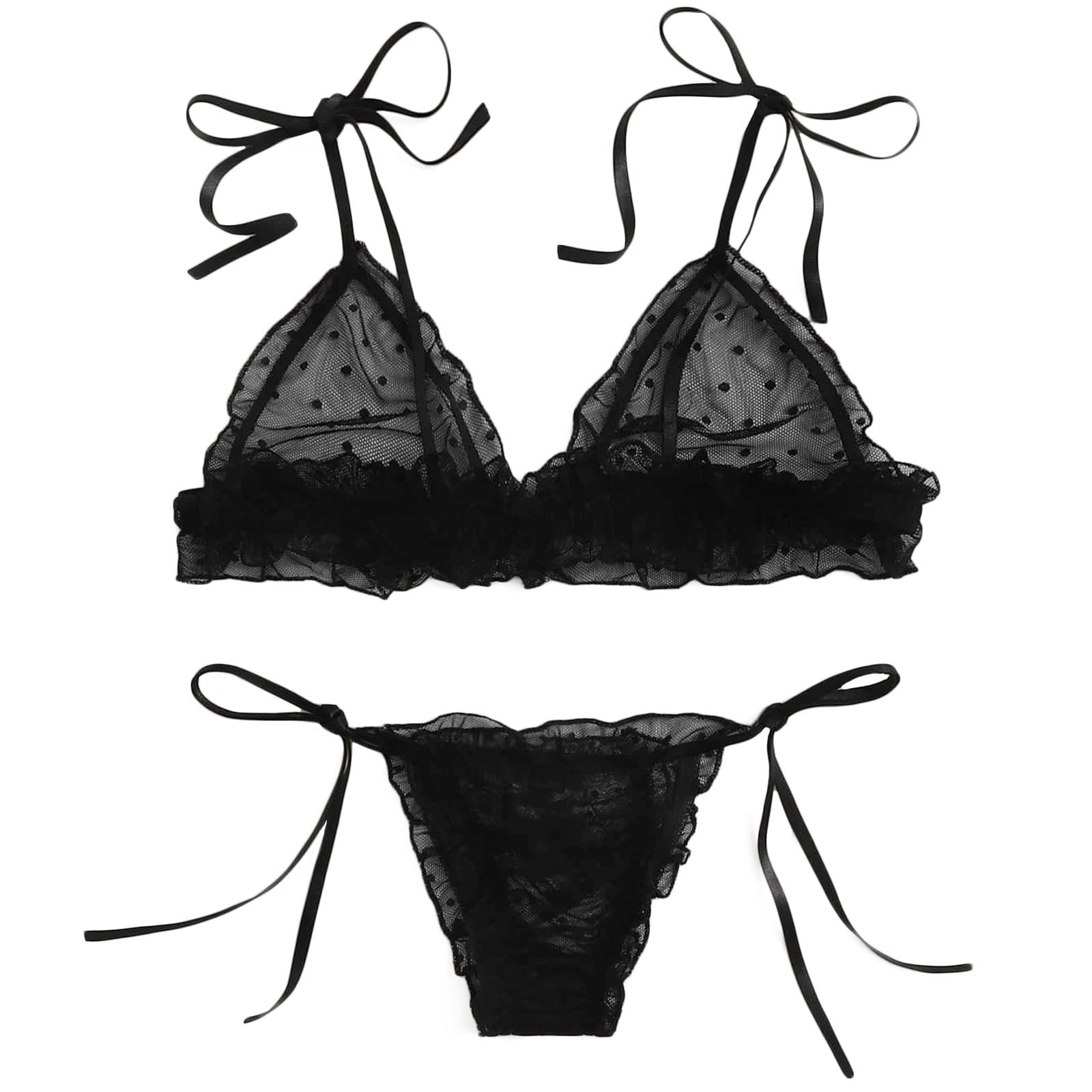 Sexy Lingerie For Women Plus Size Dot Mesh Lace Wireless Bra Bandage Lingerie Thong Set Women's lingerie нижнее бельё женское