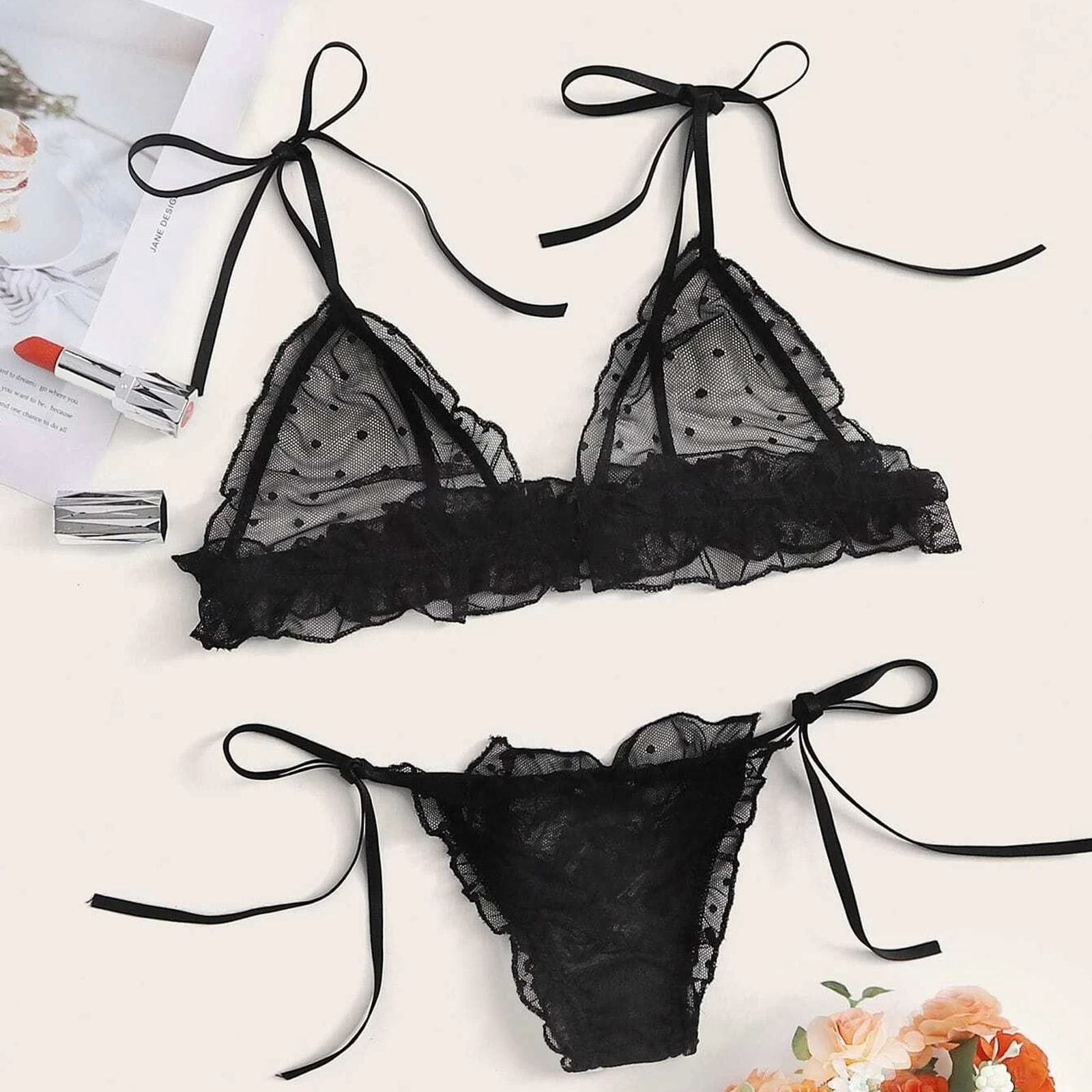 Sexy Lingerie For Women Plus Size Dot Mesh Lace Wireless Bra Bandage Lingerie Thong Set Women's lingerie нижнее бельё женское