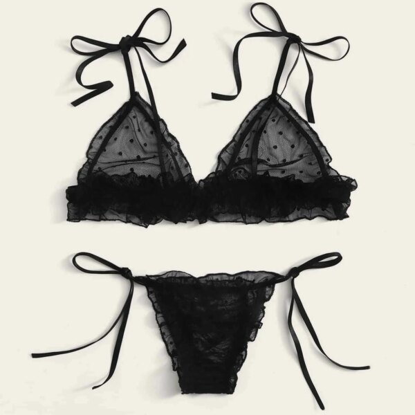 Sexy Lingerie For Women Plus Size Dot Mesh Lace Wireless Bra Bandage Lingerie Thong Set Women's lingerie нижнее бельё женское