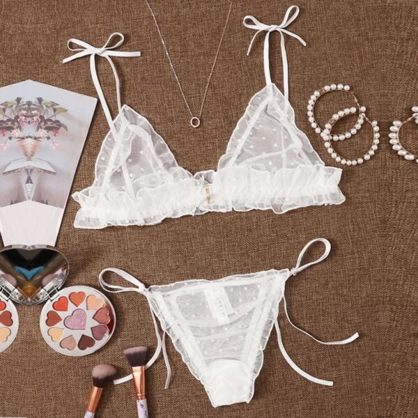 Sexy Lingerie For Women Plus Size Dot Mesh Lace Wireless Bra Bandage Lingerie Thong Set Women's lingerie нижнее бельё женское