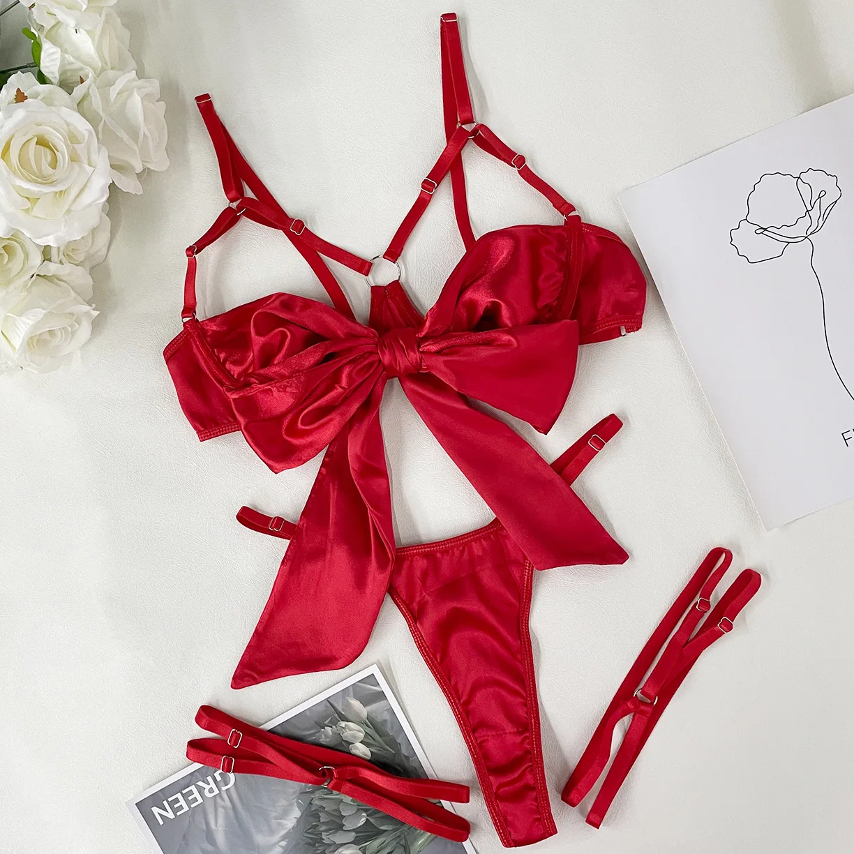 Yimunancy 3-Piece Cut Out Bow Lingerie Set 4 Colors Satin Cute Erotic Set Solid Brief Underwear Set Nightwear Yimunancy 3-Piece Cut Out Bow Lingerie Set 4 Colors Satin Cute Erotic Set Solid Brief Underwear Set Nightwear