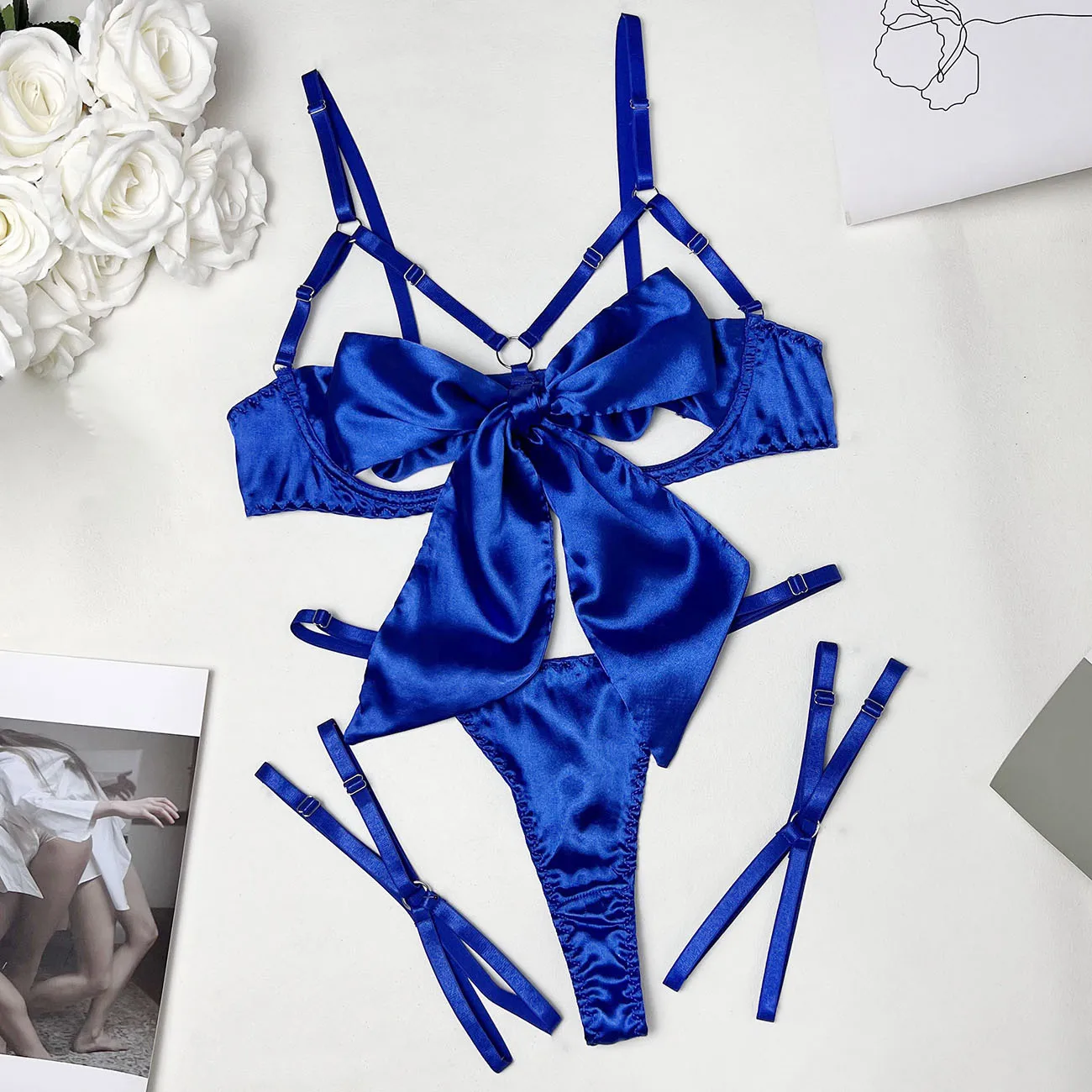 Yimunancy 3-Piece Cut Out Bow Lingerie Set 4 Colors Satin Cute Erotic Set Solid Brief Underwear Set Nightwear Yimunancy 3-Piece Cut Out Bow Lingerie Set 4 Colors Satin Cute Erotic Set Solid Brief Underwear Set Nightwear