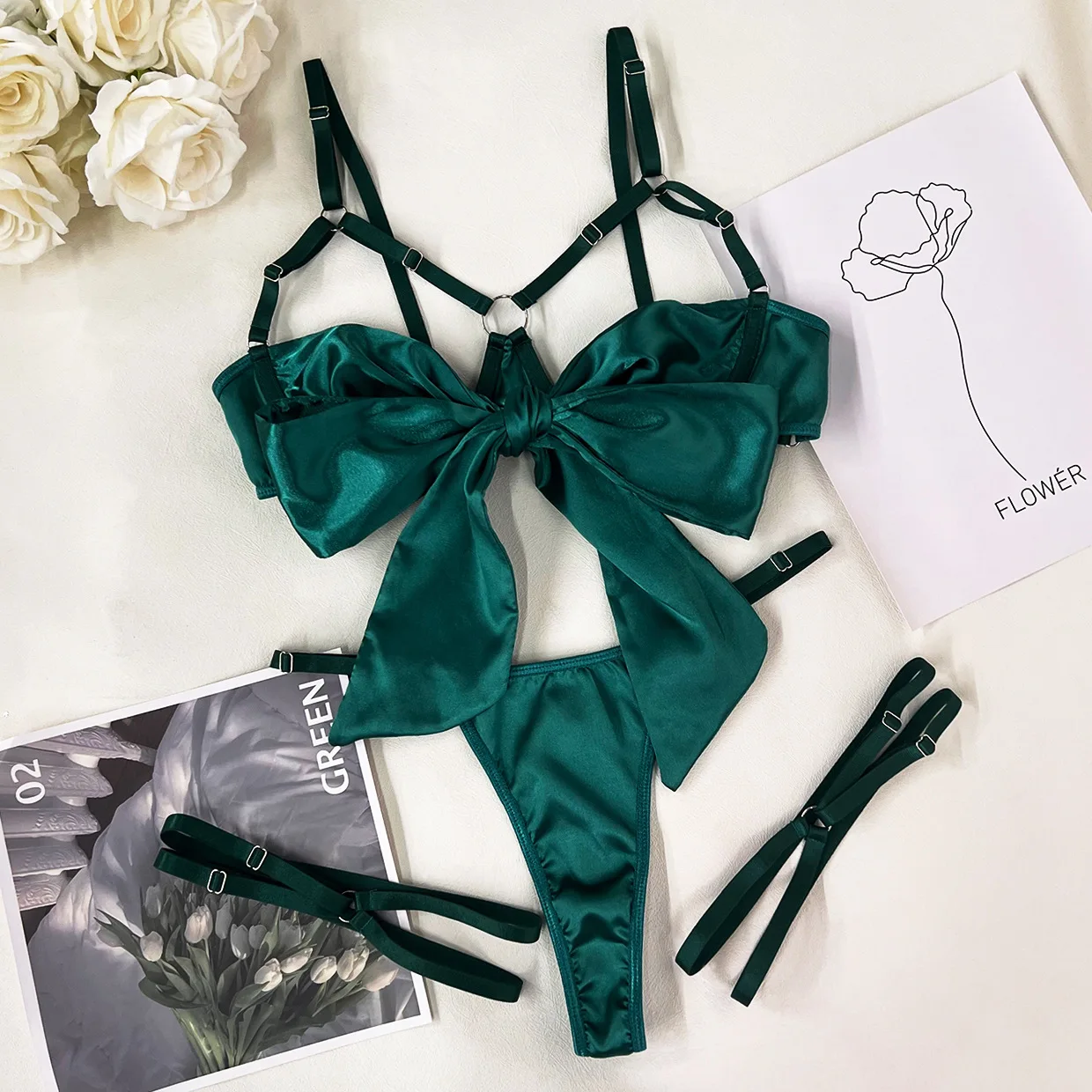 Yimunancy 3-Piece Cut Out Bow Lingerie Set 4 Colors Satin Cute Erotic Set Solid Brief Underwear Set Nightwear Yimunancy 3-Piece Cut Out Bow Lingerie Set 4 Colors Satin Cute Erotic Set Solid Brief Underwear Set Nightwear