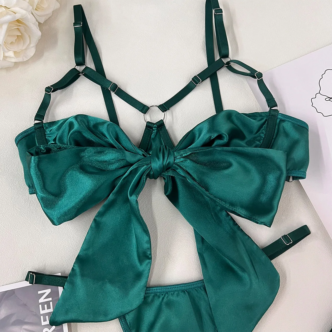 Yimunancy 3-Piece Cut Out Bow Lingerie Set 4 Colors Satin Cute Erotic Set Solid Brief Underwear Set Nightwear Yimunancy 3-Piece Cut Out Bow Lingerie Set 4 Colors Satin Cute Erotic Set Solid Brief Underwear Set Nightwear