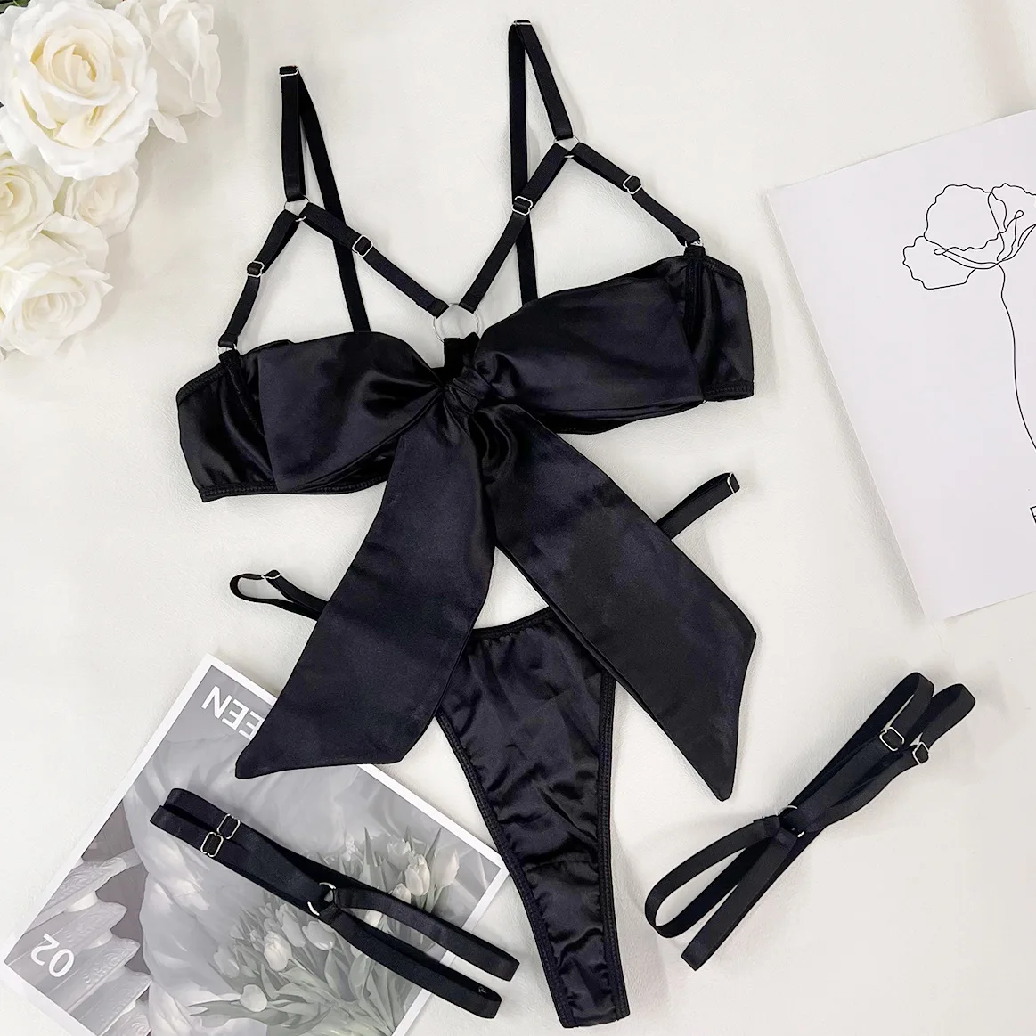 Yimunancy 3-Piece Cut Out Bow Lingerie Set 4 Colors Satin Cute Erotic Set Solid Brief Underwear Set Nightwear Yimunancy 3-Piece Cut Out Bow Lingerie Set 4 Colors Satin Cute Erotic Set Solid Brief Underwear Set Nightwear