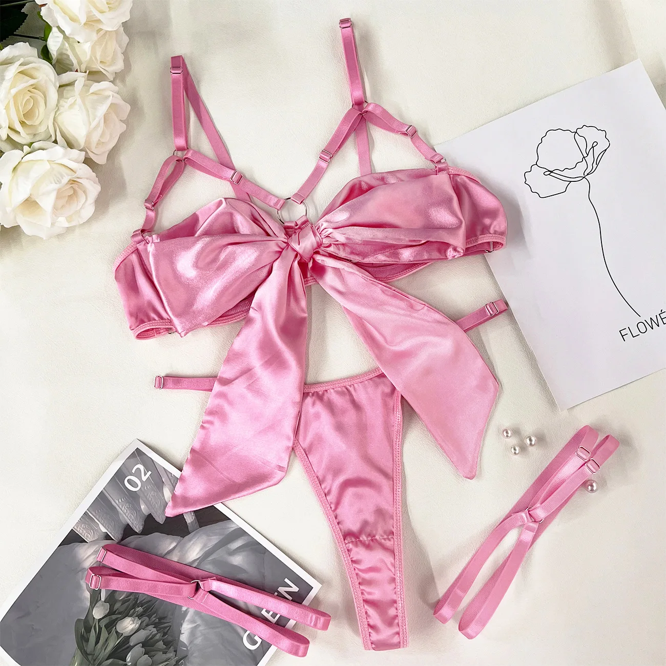 Yimunancy 3-Piece Cut Out Bow Lingerie Set 4 Colors Satin Cute Erotic Set Solid Brief Underwear Set Nightwear Yimunancy 3-Piece Cut Out Bow Lingerie Set 4 Colors Satin Cute Erotic Set Solid Brief Underwear Set Nightwear
