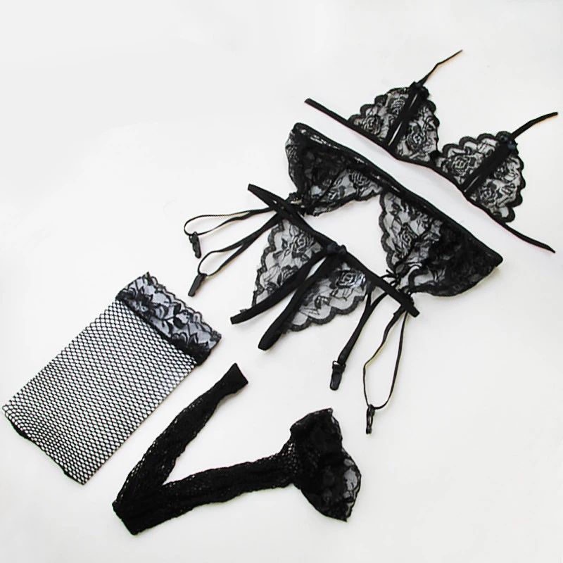Lace Women Lingerie Set 4 Pcs Sling Open Bra Sexy Wiht Garter Panties Push Up Bra Set Erotic Transparent Underwear Net Stockings Lace Women Lingerie Set 4 Pcs Sling Open Bra Sexy Wiht Garter Panties Push Up Bra Set Erotic Transparent Underwear Net Stockings