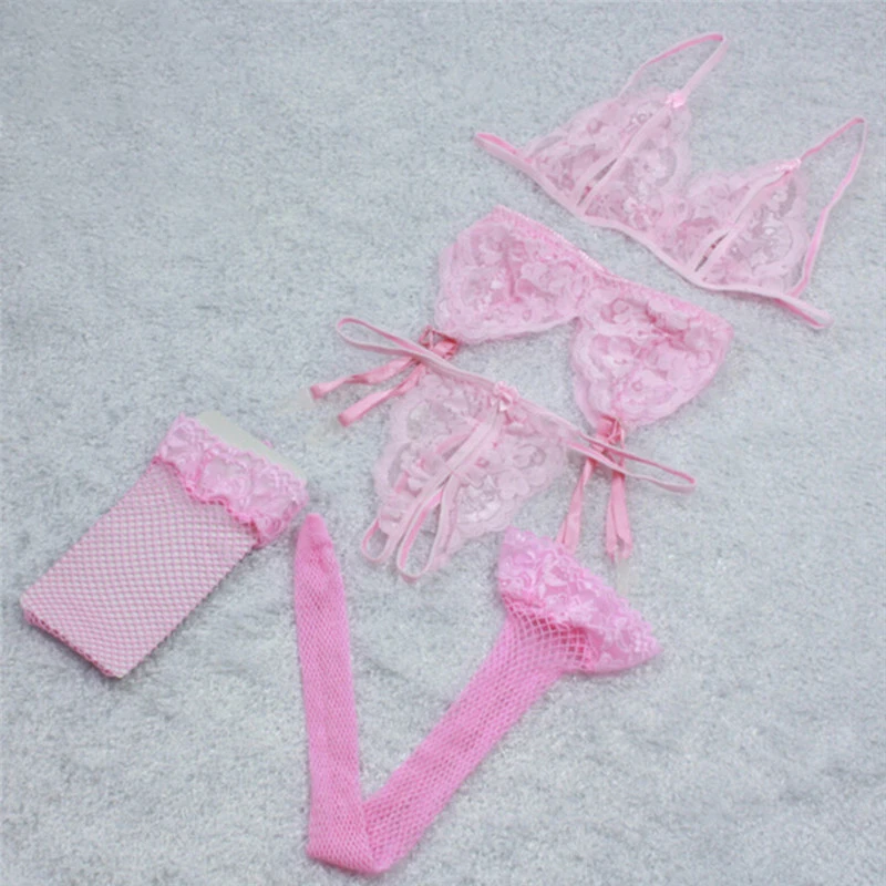 Lace Women Lingerie Set 4 Pcs Sling Open Bra Sexy Wiht Garter Panties Push Up Bra Set Erotic Transparent Underwear Net Stockings Lace Women Lingerie Set 4 Pcs Sling Open Bra Sexy Wiht Garter Panties Push Up Bra Set Erotic Transparent Underwear Net Stockings