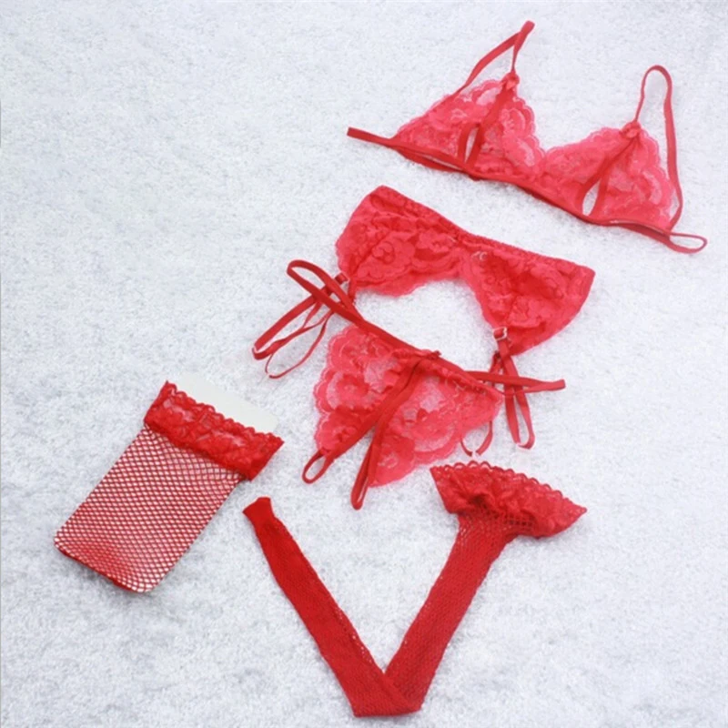 Lace Women Lingerie Set 4 Pcs Sling Open Bra Sexy Wiht Garter Panties Push Up Bra Set Erotic Transparent Underwear Net Stockings Lace Women Lingerie Set 4 Pcs Sling Open Bra Sexy Wiht Garter Panties Push Up Bra Set Erotic Transparent Underwear Net Stockings