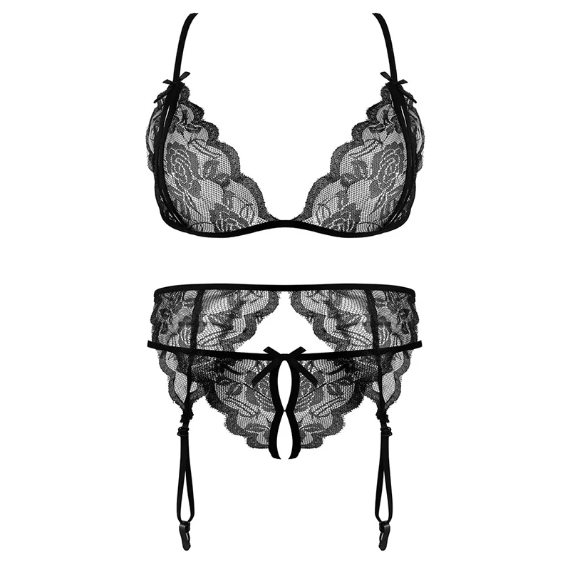 Lace Women Lingerie Set 4 Pcs Sling Open Bra Sexy Wiht Garter Panties Push Up Bra Set Erotic Transparent Underwear Net Stockings Lace Women Lingerie Set 4 Pcs Sling Open Bra Sexy Wiht Garter Panties Push Up Bra Set Erotic Transparent Underwear Net Stockings