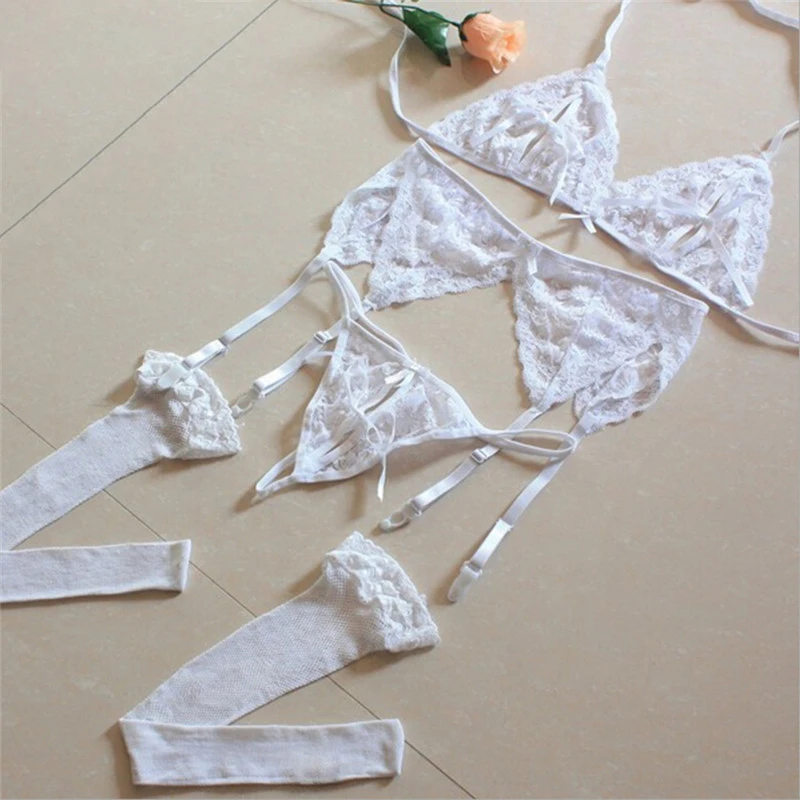 Lace Women Lingerie Set 4 Pcs Sling Open Bra Sexy Wiht Garter Panties Push Up Bra Set Erotic Transparent Underwear Net Stockings Lace Women Lingerie Set 4 Pcs Sling Open Bra Sexy Wiht Garter Panties Push Up Bra Set Erotic Transparent Underwear Net Stockings