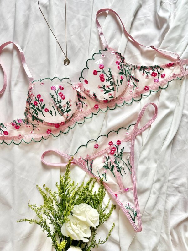 2-Piece Floral Lingerie Set Women Embroidery Boho Bra + Thong Underwear Set Intimates