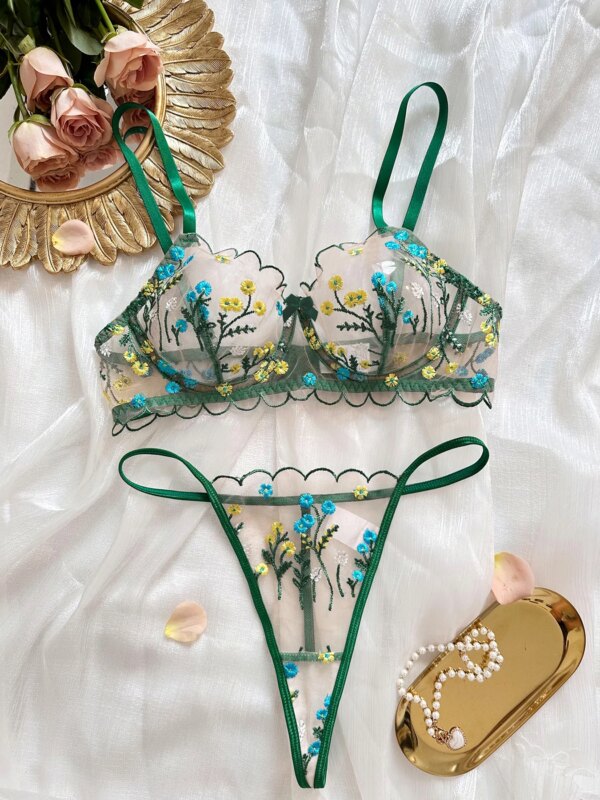 2-Piece Floral Lingerie Set Women Embroidery Boho Bra + Thong Underwear Set Intimates