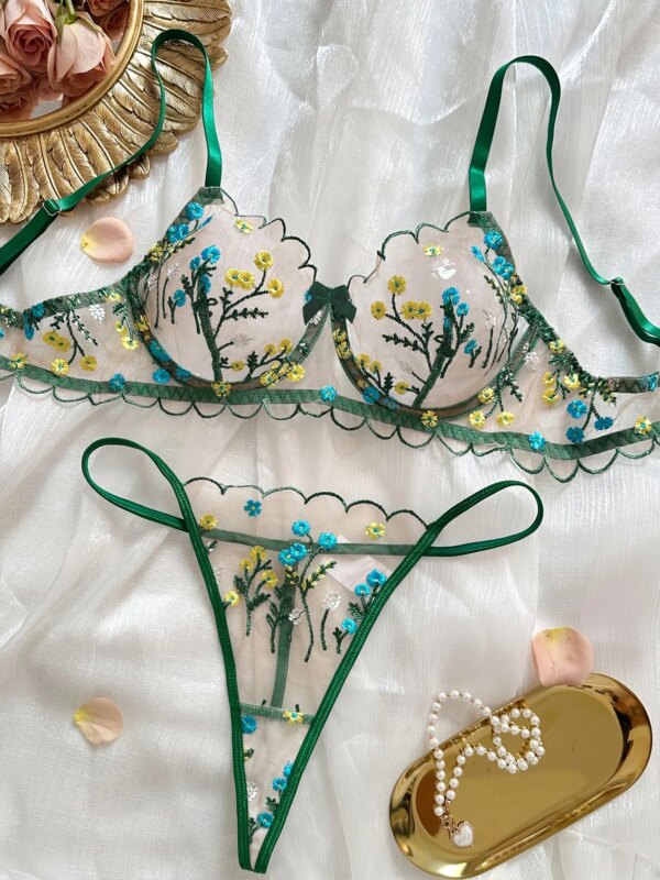 2-Piece Floral Lingerie Set Women Embroidery Boho Bra + Thong Underwear Set Intimates