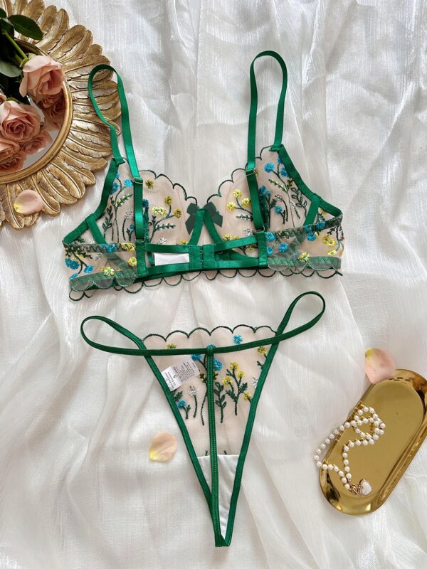 2-Piece Floral Lingerie Set Women Embroidery Boho Bra + Thong Underwear Set Intimates
