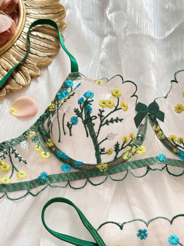 2-Piece Floral Lingerie Set Women Embroidery Boho Bra + Thong Underwear Set Intimates