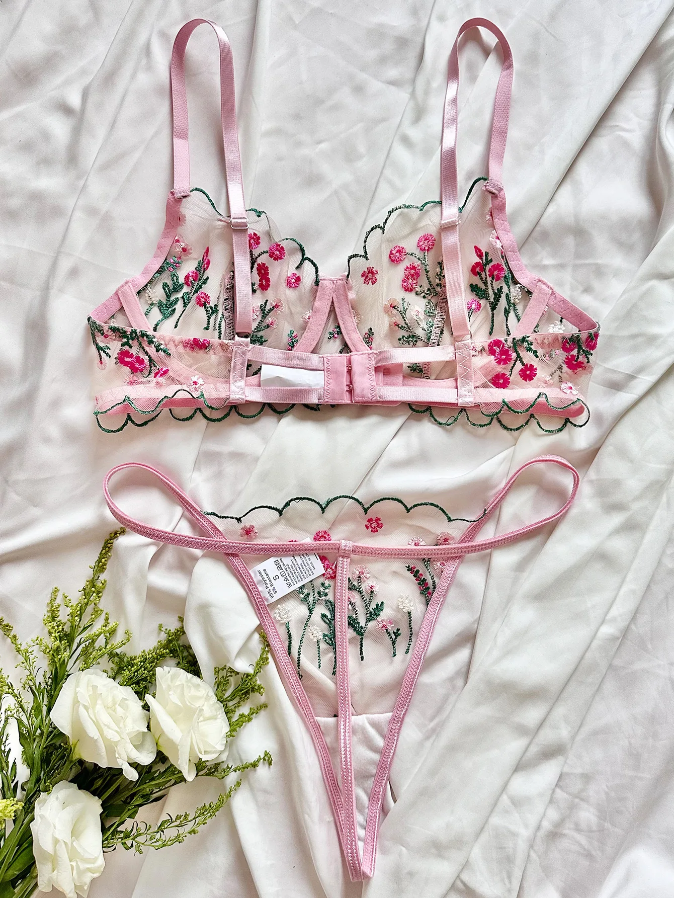 Yimunancy 2-Piece Floral Lingerie Set Women Embroidery Boho Bra + Thong Underwear Set Intimates