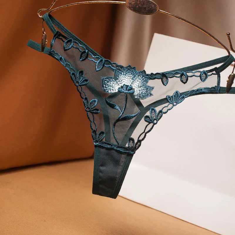 Women Sexy G-string Transparent Lace Panties Embroidered Flower Lingerie Low Waist Temptation Underwear Ladies Seamless Thong