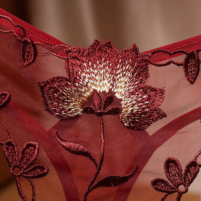 Women Sexy G-string Transparent Lace Panties Embroidered Flower Lingerie Low Waist Temptation Underwear Ladies Seamless Thong