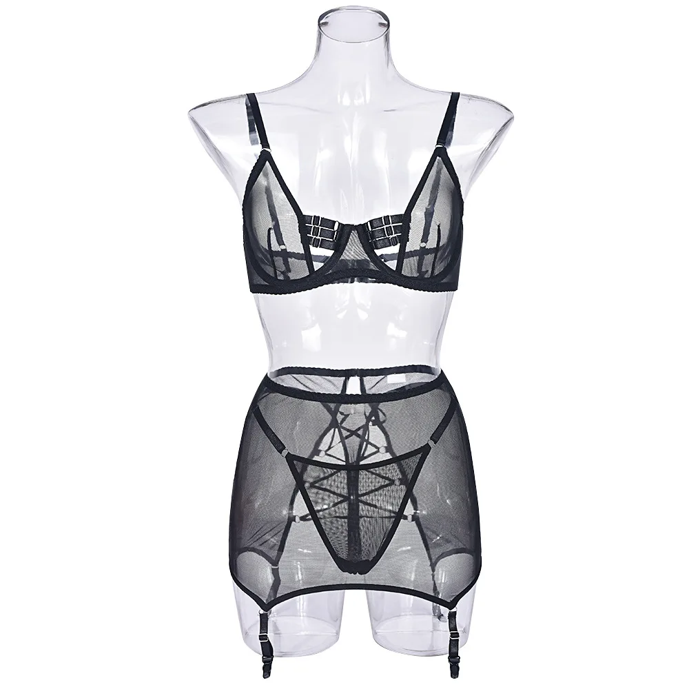  Cut Out Erotic Set Women Mesh Transparent 4-Piece Black Garter Lingerie Set Back Open Brief Underwear Set
