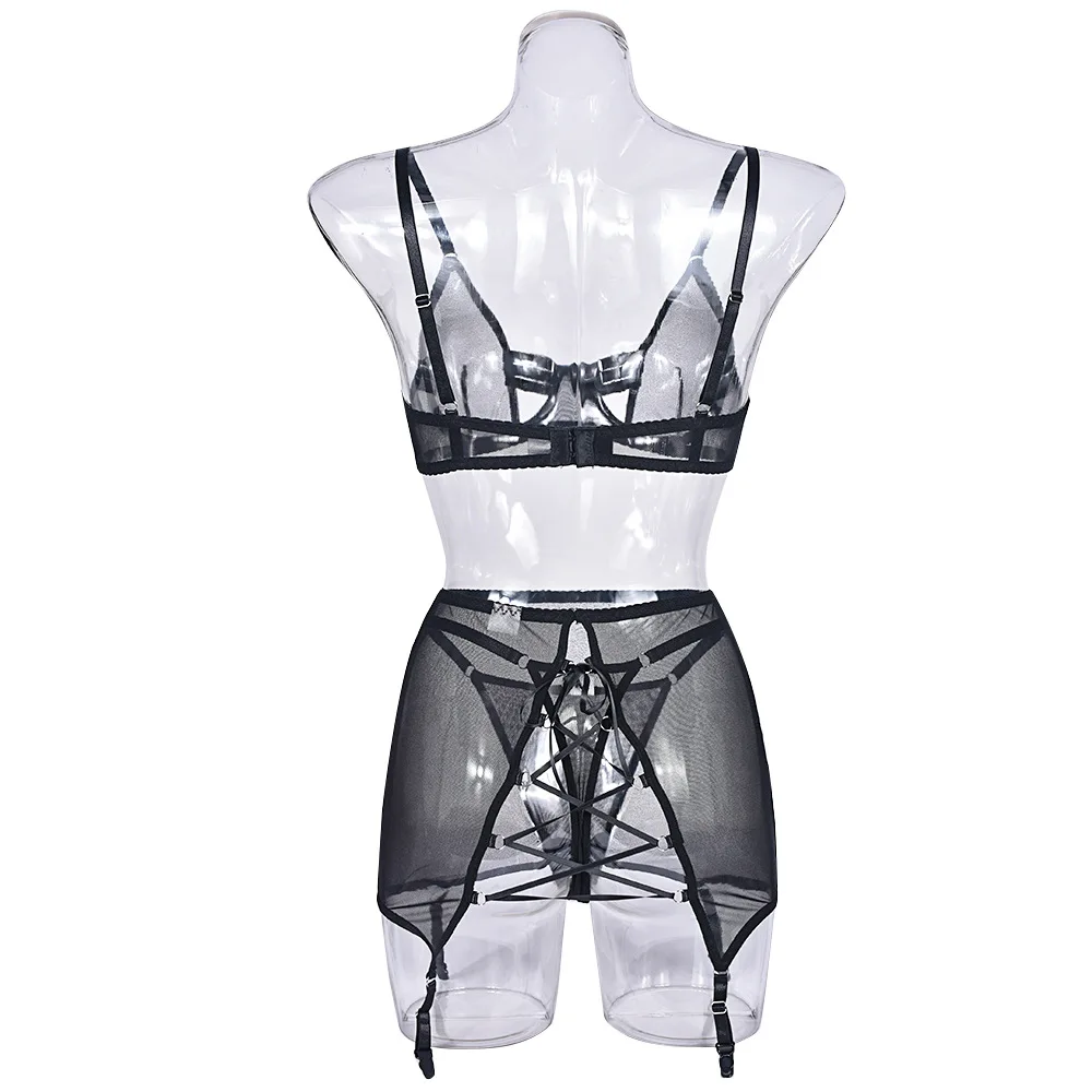  Cut Out Erotic Set Women Mesh Transparent 4-Piece Black Garter Lingerie Set Back Open Brief Underwear Set