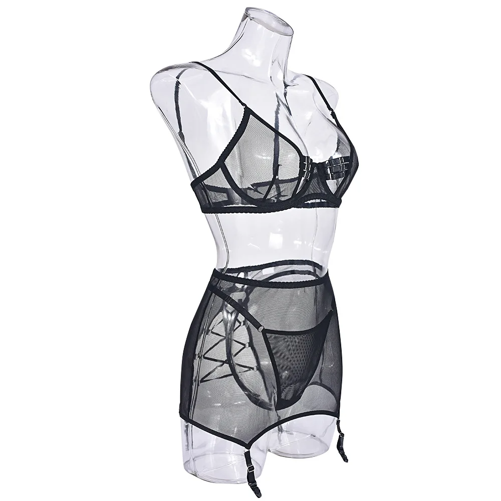  Cut Out Erotic Set Women Mesh Transparent 4-Piece Black Garter Lingerie Set Back Open Brief Underwear Set