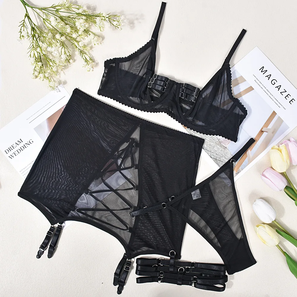  Cut Out Erotic Set Women Mesh Transparent 4-Piece Black Garter Lingerie Set Back Open Brief Underwear Set