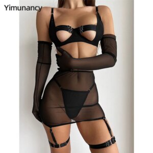 Cut Out Erotic Set Women Mesh Transparent 4-Piece Black Garter Lingerie Set Back Open Brief Underwear Set