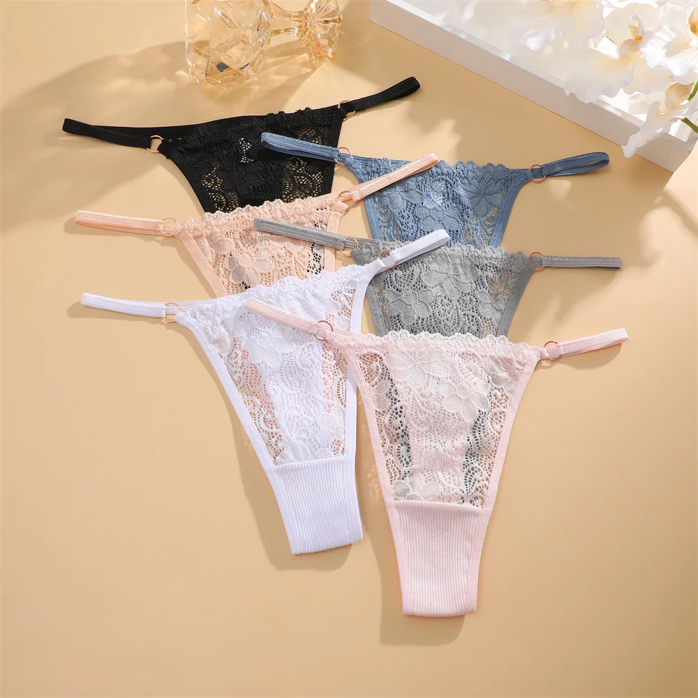 Lace Thongs 3Pcs Women Cotton Panties Sexy Low Rise Transparent Underwear Lady Breathable Lingerie Metal Ring Thin Strap Thong Lace Thongs 3Pcs Women Cotton Panties Sexy Low Rise Transparent Underwear Lady Breathable Lingerie Metal Ring Thin Strap Thong