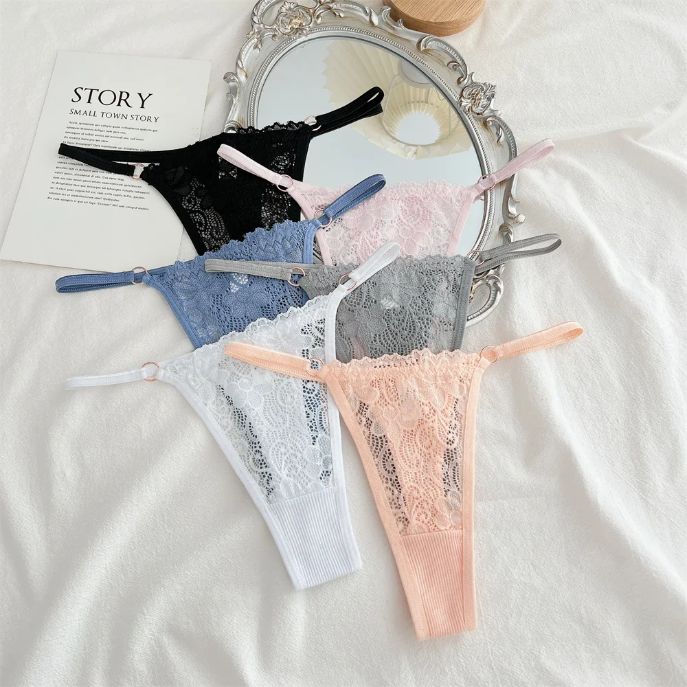 Lace Thongs 3Pcs Women Cotton Panties Sexy Low Rise Transparent Underwear Lady Breathable Lingerie Metal Ring Thin Strap Thong Lace Thongs 3Pcs Women Cotton Panties Sexy Low Rise Transparent Underwear Lady Breathable Lingerie Metal Ring Thin Strap Thong