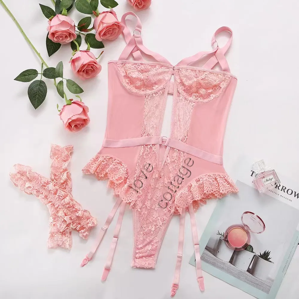 Hot Contrast Lace Teddy Sexy Lingerie Set Lettuce Trim Heart Decor Cut Out Strappy Thong Bodysuit Women's Erotic Lingerie Hot Contrast Lace Teddy Sexy Lingerie Set Lettuce Trim Heart Decor Cut Out Strappy Thong Bodysuit Women's Erotic Lingerie
