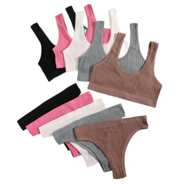 Women Seamless Bra Set Ribbed Thongs G-String High Waist Underwear Female Nonwire Brassiere Comfy Sports Bra Sexy Lingerie Set