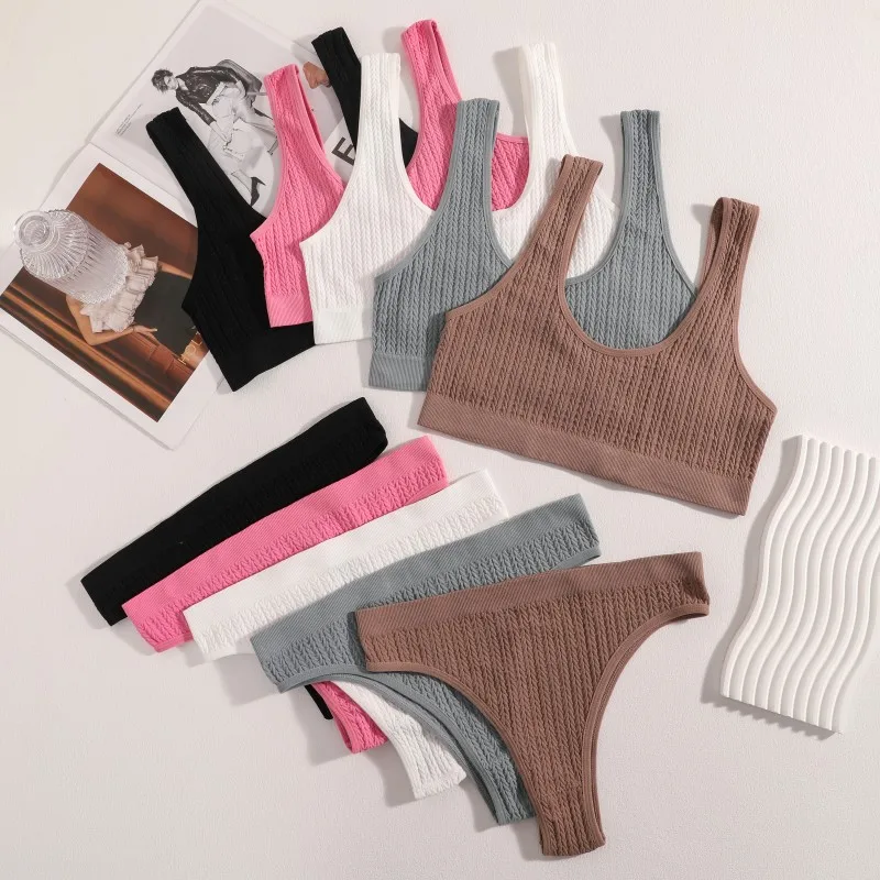 Women Seamless Bra Set Ribbed Thongs G-String High Waist Underwear Female Nonwire Brassiere Comfy Sports Bra Sexy Lingerie Set Women Seamless Bra Set Ribbed Thongs G-String High Waist Underwear Female Nonwire Brassiere Comfy Sports Bra Sexy Lingerie Set