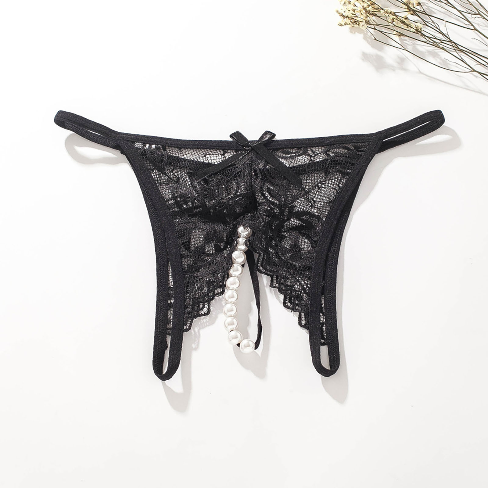 Womens Pearl Massage Sexy Female Open Crotch Briefs Lace Transparent Thong Panties Sexy Floral Underwear Tempatation Lingerie