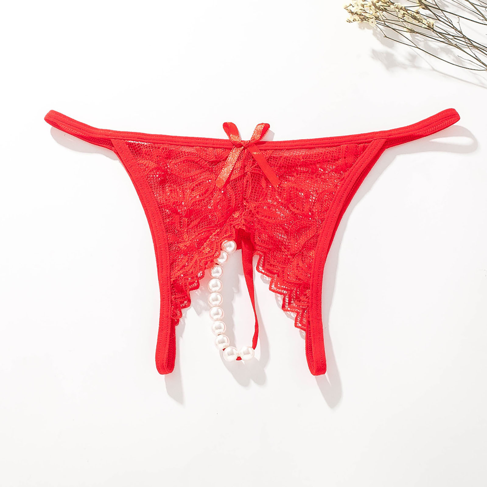 Womens Pearl Massage Sexy Female Open Crotch Briefs Lace Transparent Thong Panties Sexy Floral Underwear Tempatation Lingerie