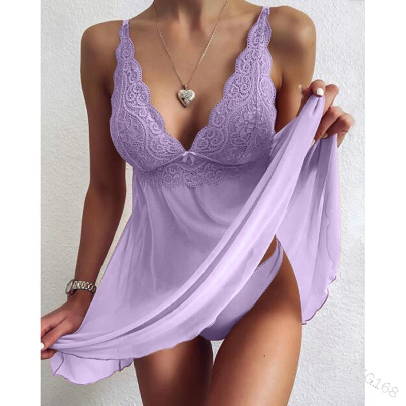 Sexy Nightdress Woman Lingerie For Sex Crotchless Hot Hollow Open Bra Babydoll Dress Contrast Lace Ruffle Trim Slips With Thong Sexy Nightdress Woman Lingerie For Sex Crotchless Hot Hollow Open Bra Babydoll Dress Contrast Lace Ruffle Trim Slips With Thong