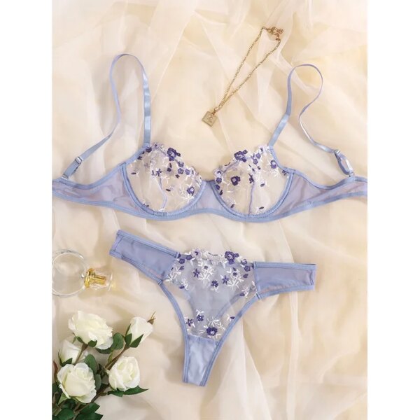 Transperant Lingerie Set Women Mesh Net Sexi Lenceria Sensual Mujer Bra Sets Embroidery Floral Underwired