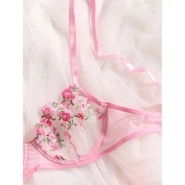 Transperant Lingerie Set Women Mesh Net Sexi Lenceria Sensual Mujer Bra Sets Embroidery Floral Underwired