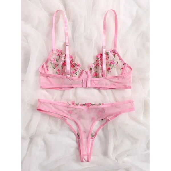 Transperant Lingerie Set Women Mesh Net Sexi Lenceria Sensual Mujer Bra Sets Embroidery Floral Underwired